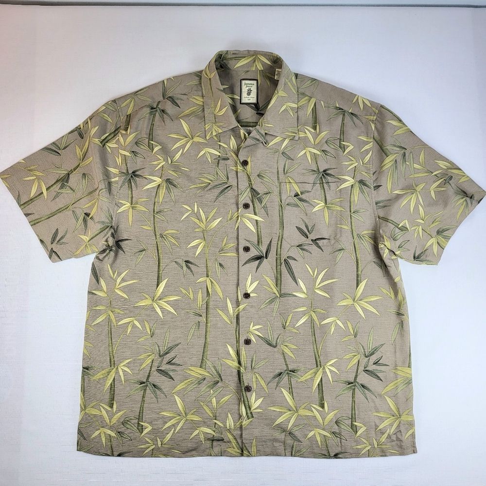 Jamaica Jaxx Silk SHIRT Mens Size XXL Green Bamboo Print Button Up Short Sleeves